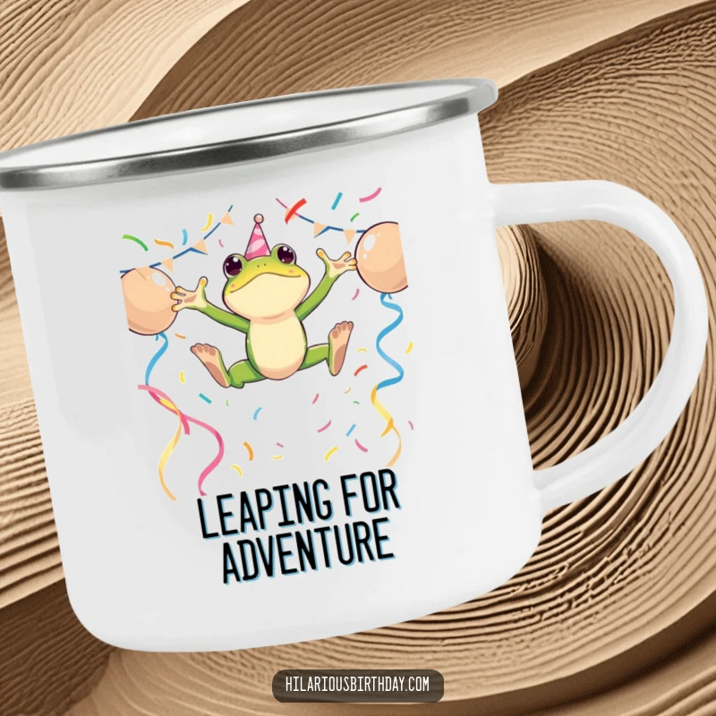 Funny camping mug featuring an energetic frog character leaping over party streamers, perfect for outdoor celebrations and fun.