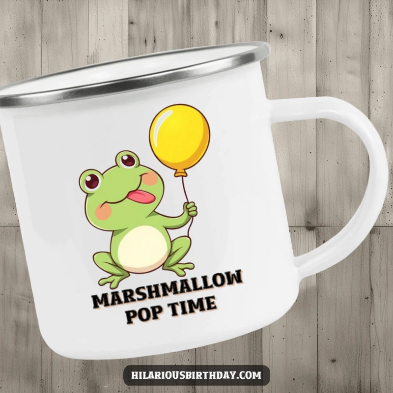 Funny camping mug featuring a kawaii frog character happily popping a balloon with its tongue, perfect for outdoor adventures with a humorous twist.