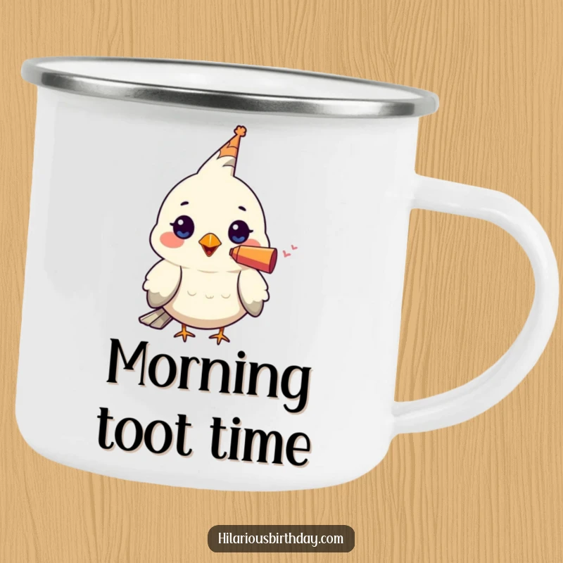 Funny camping mug featuring a kawaii bird character wearing a tiny party blower in its beak, perfect for outdoor adventures with a festive touch.