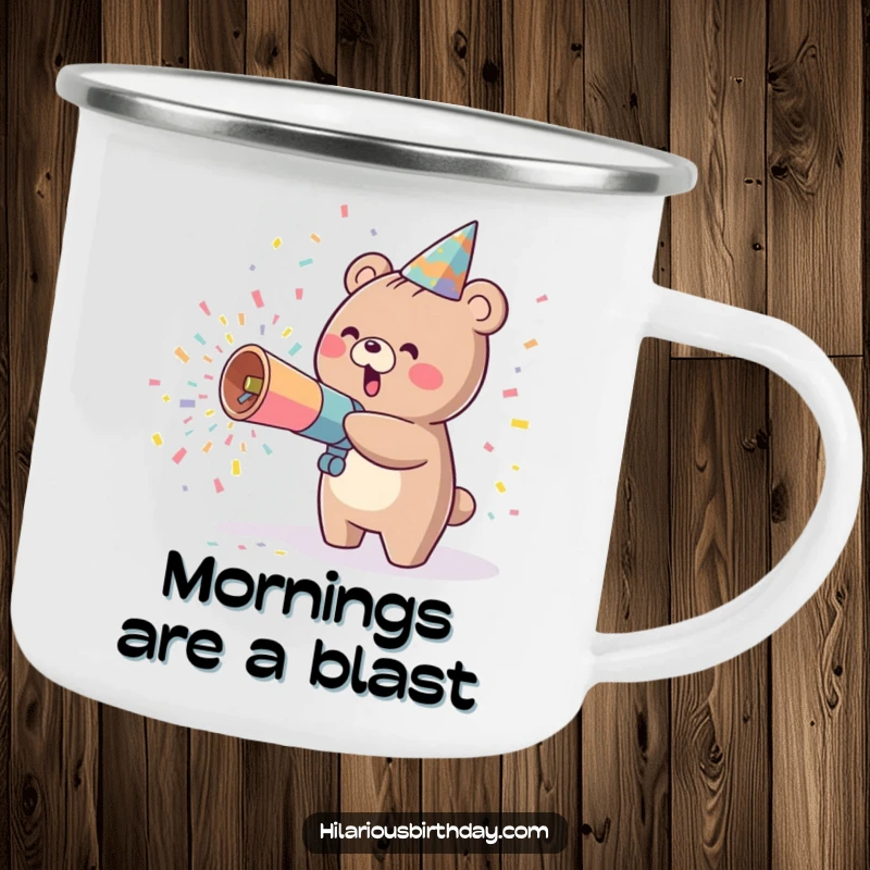 Funny kawaii bear character joyfully launching confetti from a party cannon on a sturdy camping mug.