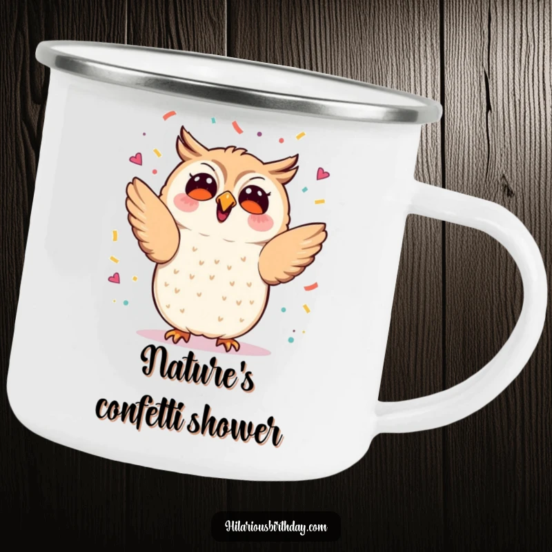Funny kawaii owl tossing confetti, a durable camping mug, perfect funny gift for outdoor parties.