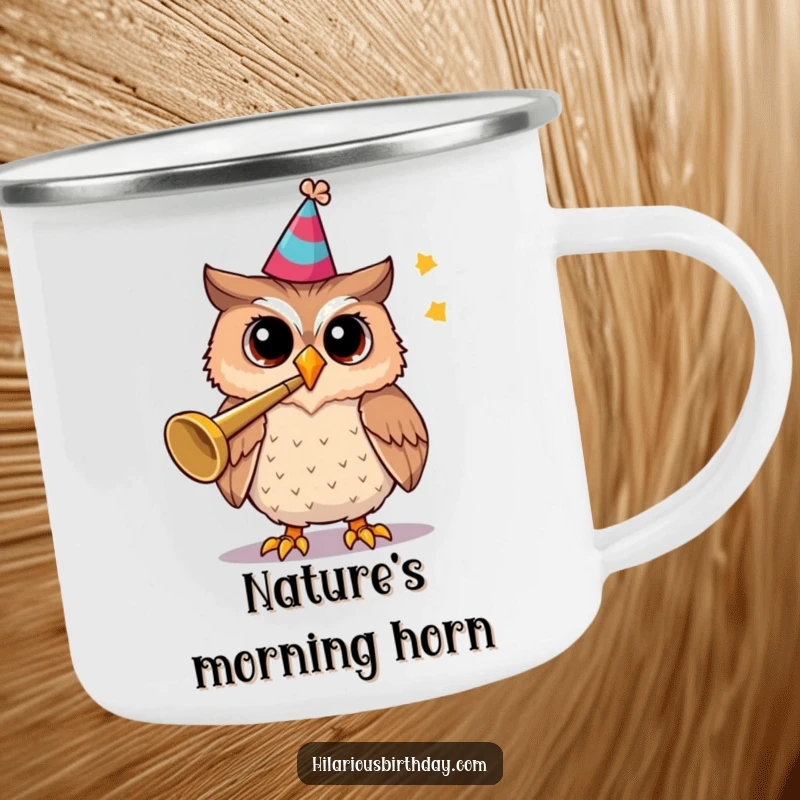 Funny camping mug featuring a cheerful owl in a party hat, blowing a trumpet.