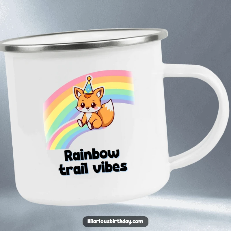 Funny camping mug featuring a kawaii fox character sliding down a rainbow wearing a party crown, perfect for outdoor adventures with a magical touch.