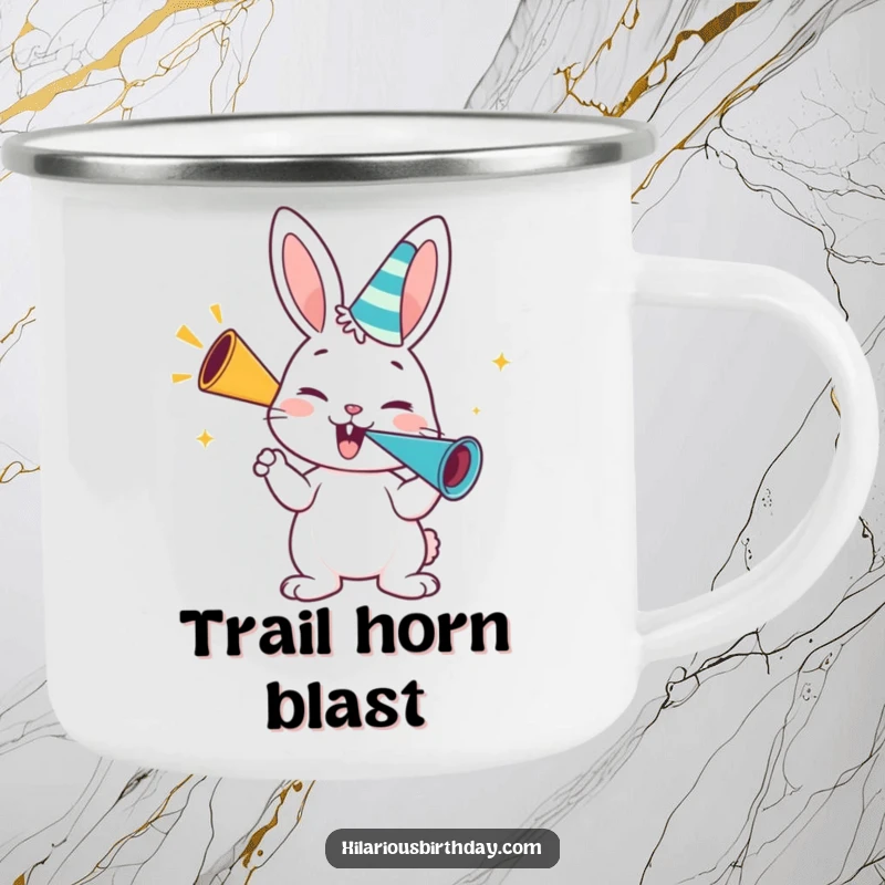 Funny bunny camping mug, a happy bunny character blowing enthusiastically on a party horn, outdoor celebration.