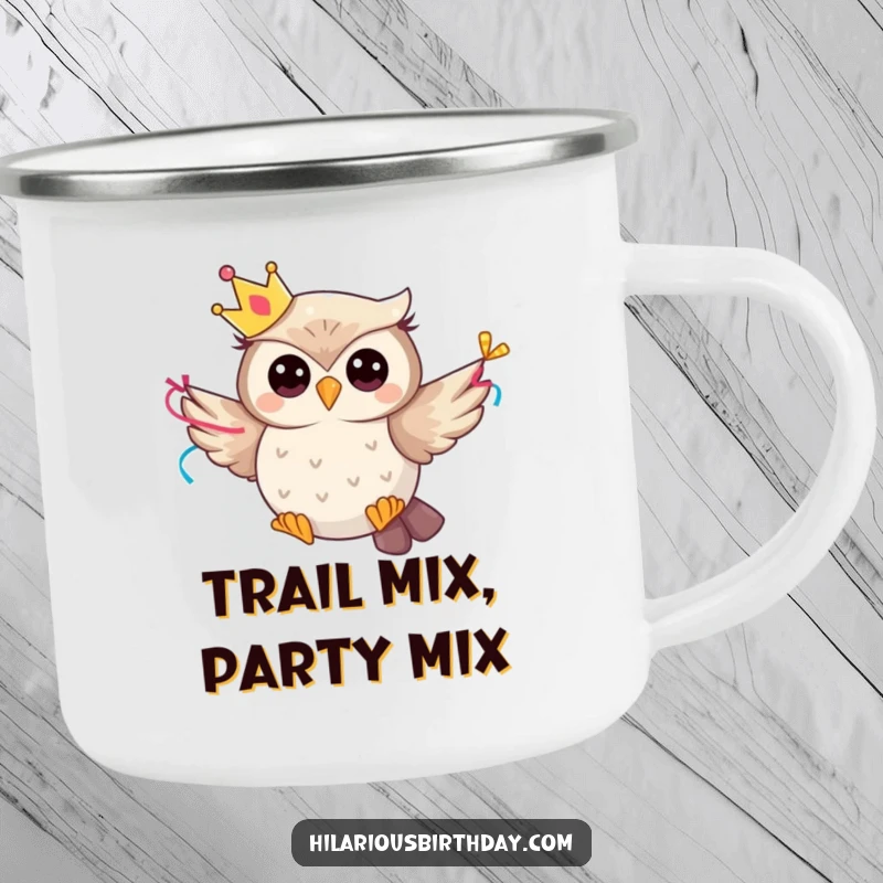 Funny whimsical owl character wearing a party crown and flying with a streamer, on a rugged camping mug.