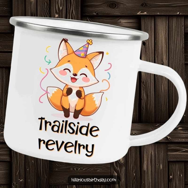 Funny Fox Party Camping Mug: Cheerful fox character in a party hat, twirling with streamers, perfect for outdoor fun.