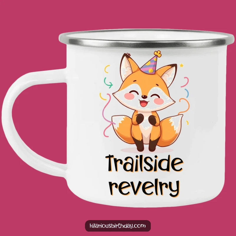 Funny Fox Party Camping Mug: Cheerful Character's Festive Twirl for Outdoor Fun