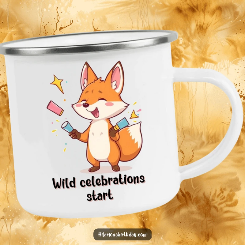 Funny camping mug with a gleeful fox juggling exploding party poppers, a humorous design for outdoor festivities.