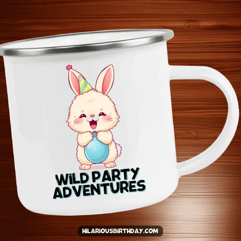 Funny fluffy bunny in a party hat popping a balloon on a camping mug, for fun festive outdoor adventures.