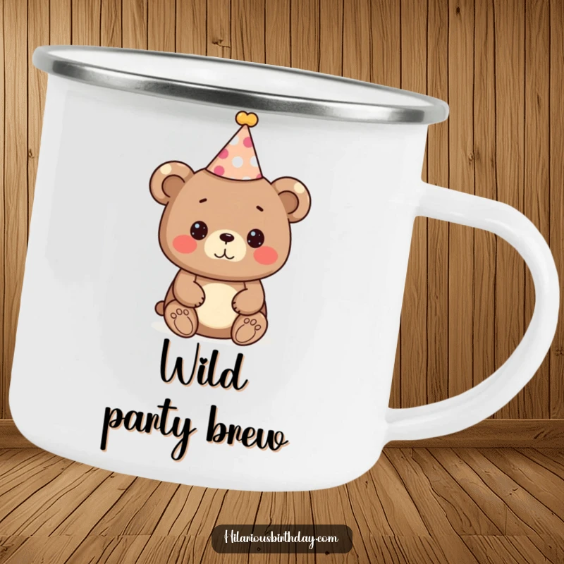 Funny bear camping mug, a cute bear character wearing a festive party hat, ready to celebrate, outdoor fun.