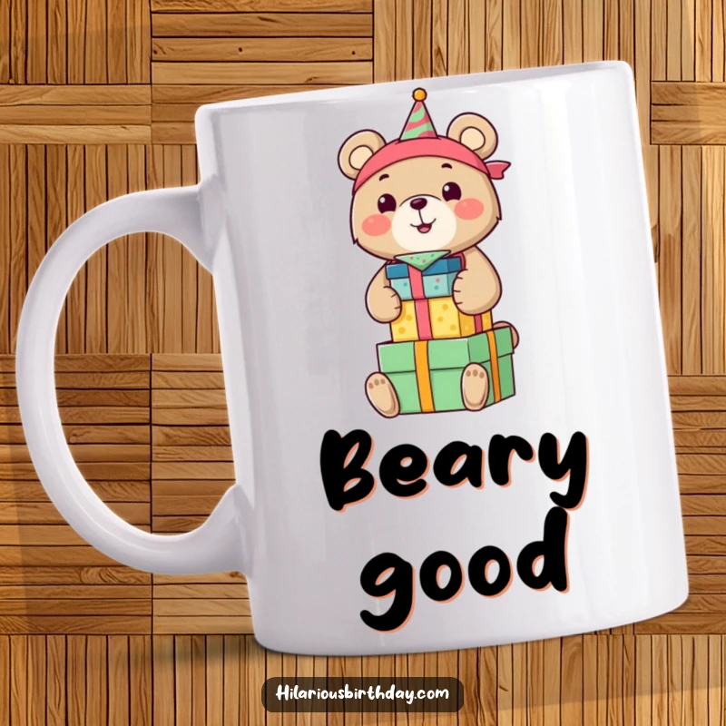 Funny mug showing a smiling bear in a birthday bandana, gleefully stacking colorful gift boxes with a happy expression.