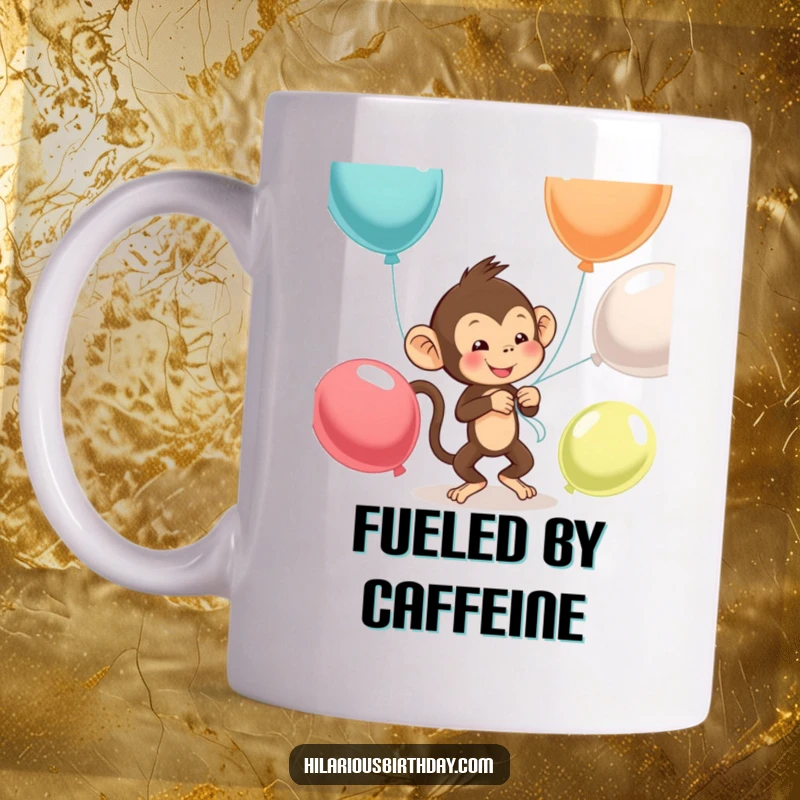 Funny monkey mug showing a mischievous monkey attempting to tie balloons together, creating a whimsical scene.