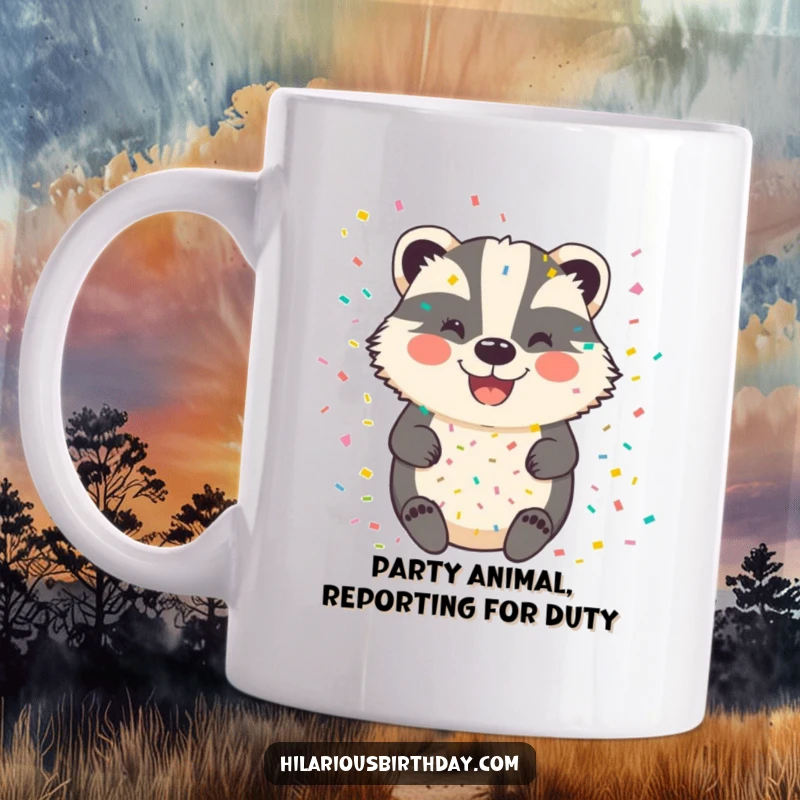 Funny badger mug design featuring a smiling badger joyfully covered in colorful confetti, celebrating a happy moment.