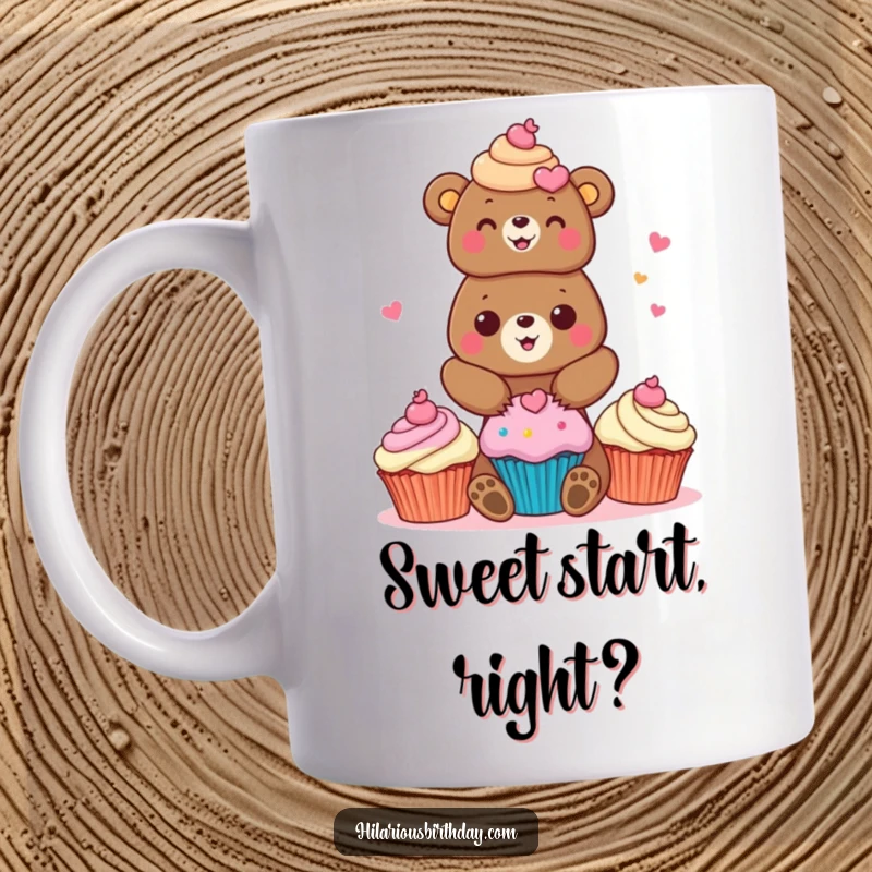Funny bear mug with a cheerful bear character joyfully stacking brightly colored cupcakes, embodying baking fun.