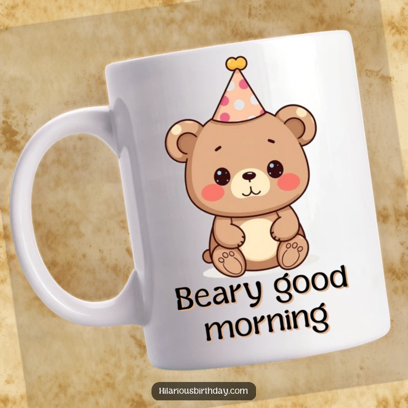 Funny bear party mug, a cute bear character wearing a festive party hat, ready to celebrate, adorable gift.
