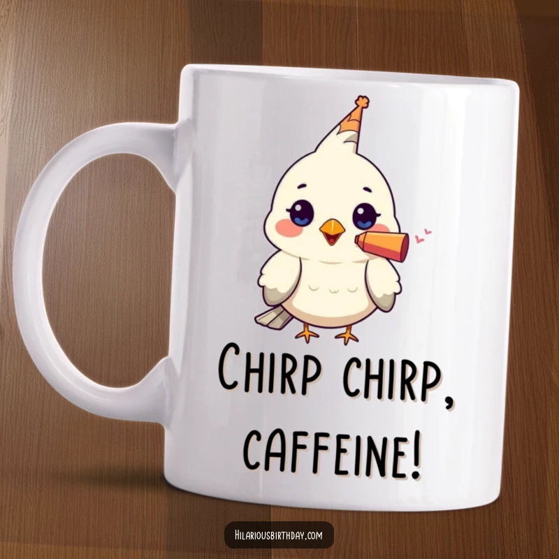 Funny mug featuring a kawaii bird character wearing a tiny party blower in its beak, ready to celebrate with a cheerful toot.