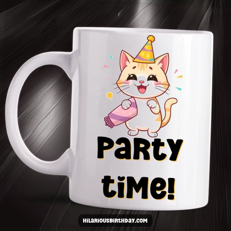 Funny mug showing a happy cat in a birthday hat, excitedly popping a giant party popper with confetti flying everywhere.