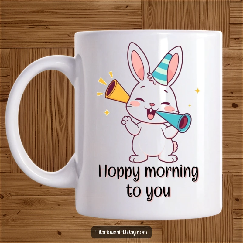 Funny bunny party mug, a happy bunny character blowing enthusiastically on a party horn, joyful and festive gift.
