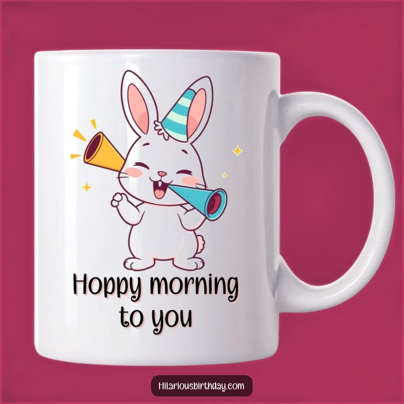Funny Bunny Party Mug: Enthusiastic Gift Featuring a Bunny Blowing a Party Horn