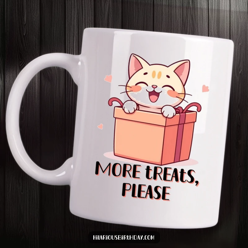 Funny cat mug featuring a delighted cat character eagerly opening a large gift box, full of anticipation and joy.