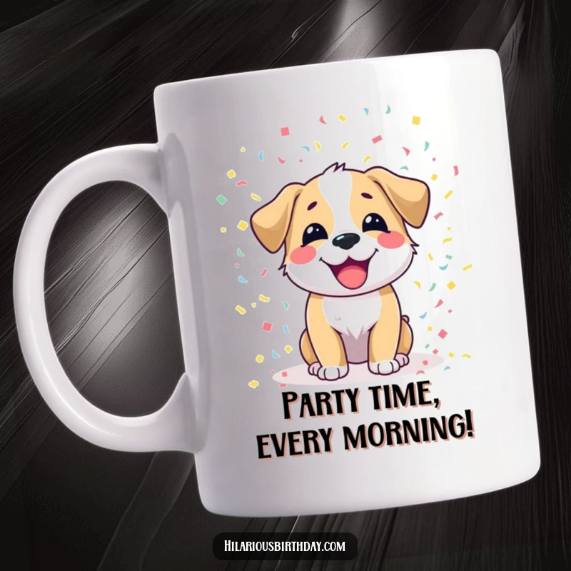 Funny dog mug with a joyful dog character happily scattering colorful confetti, radiating pure excitement and playful energy.