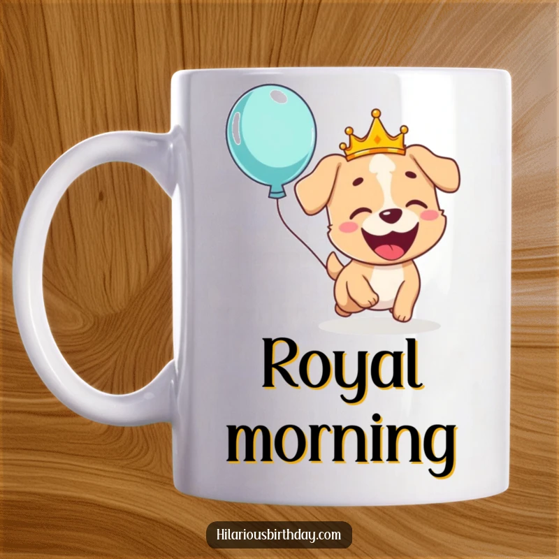 Funny mug showing a giggling dog wearing a crown, gleefully chasing after a brightly colored floating balloon with pure delight.