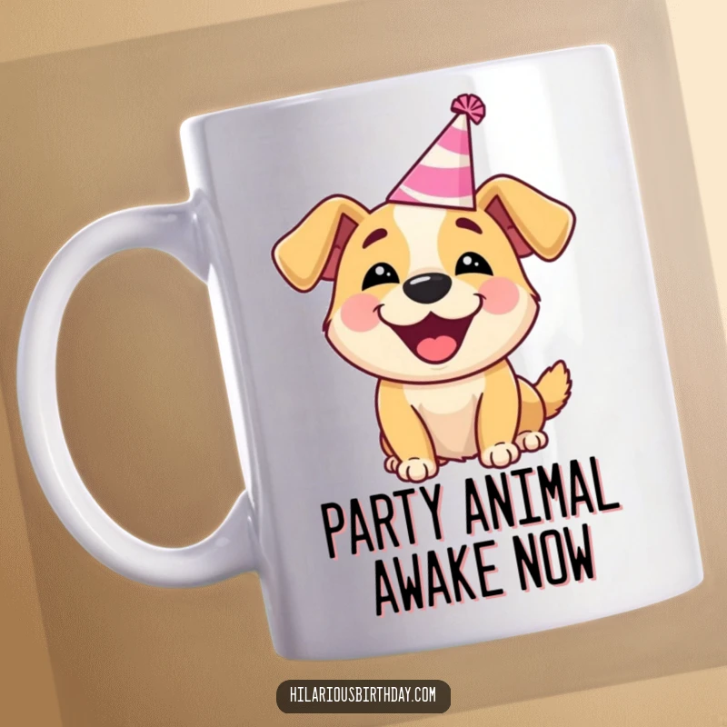 Funny Dog Mug: Delighted dog wearing a silly party hat, barking happily, bringing joy and humor.