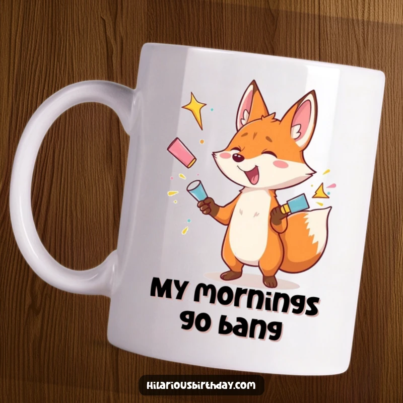 Funny mug with a gleeful fox character hilariously juggling multiple exploding party poppers, depicting joyful mayhem.