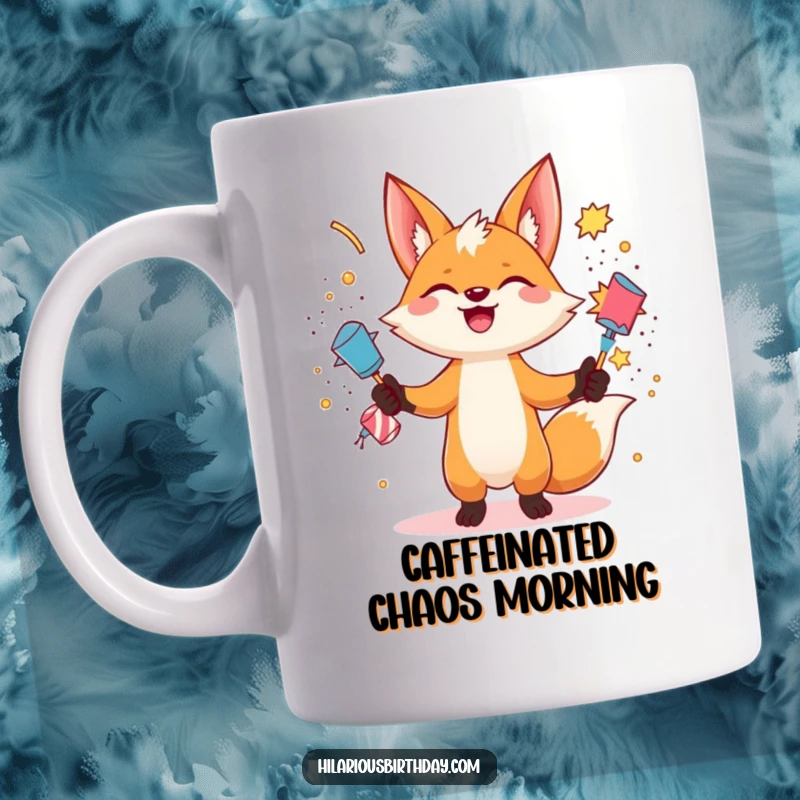 Funny gleeful fox character juggling several exploding party poppers with a mischievous grin on this humorous mug, a perfect funny gift.