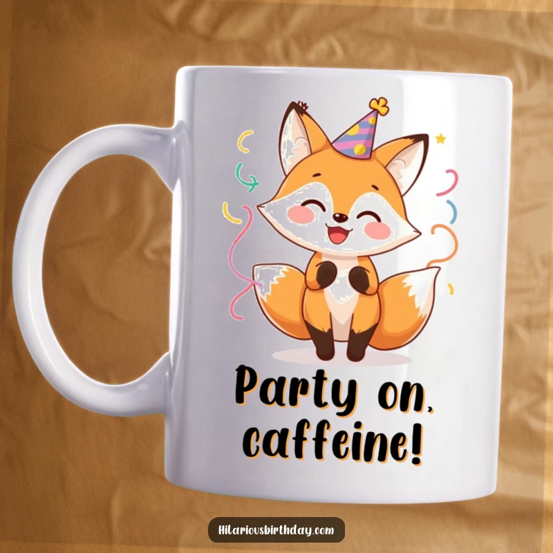 Funny Fox Party Mug: Cheerful character in a party hat twirling with streamers, bringing festive joy and humor.