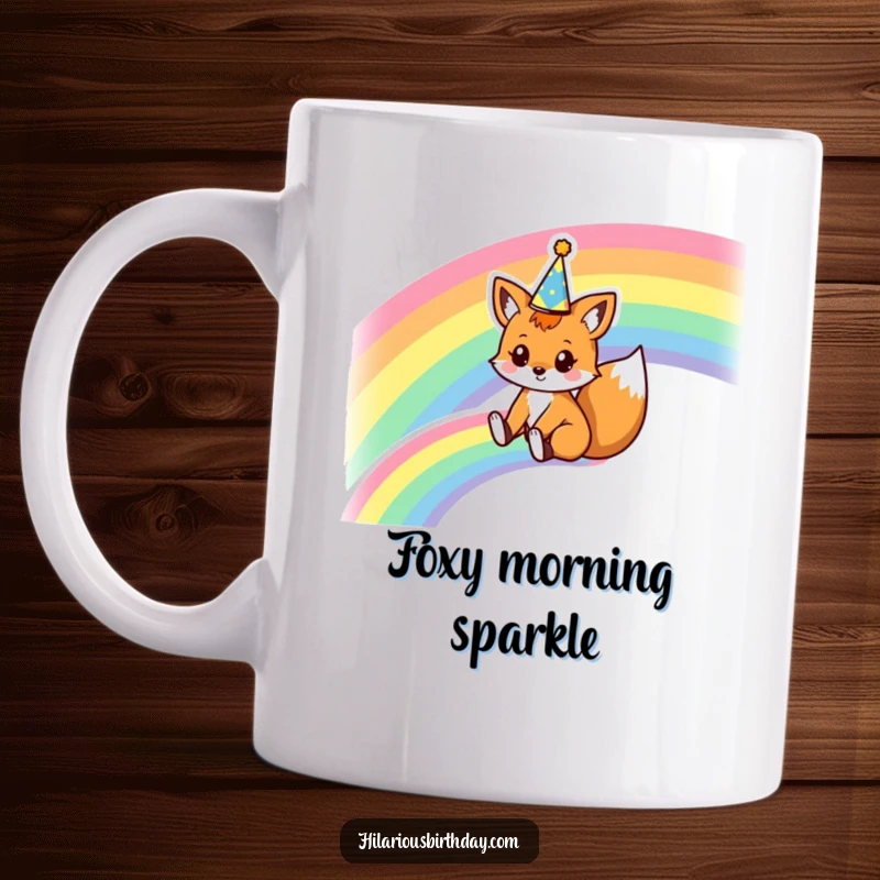 Funny mug featuring a kawaii fox character joyfully sliding down a vibrant rainbow while wearing a festive party crown.