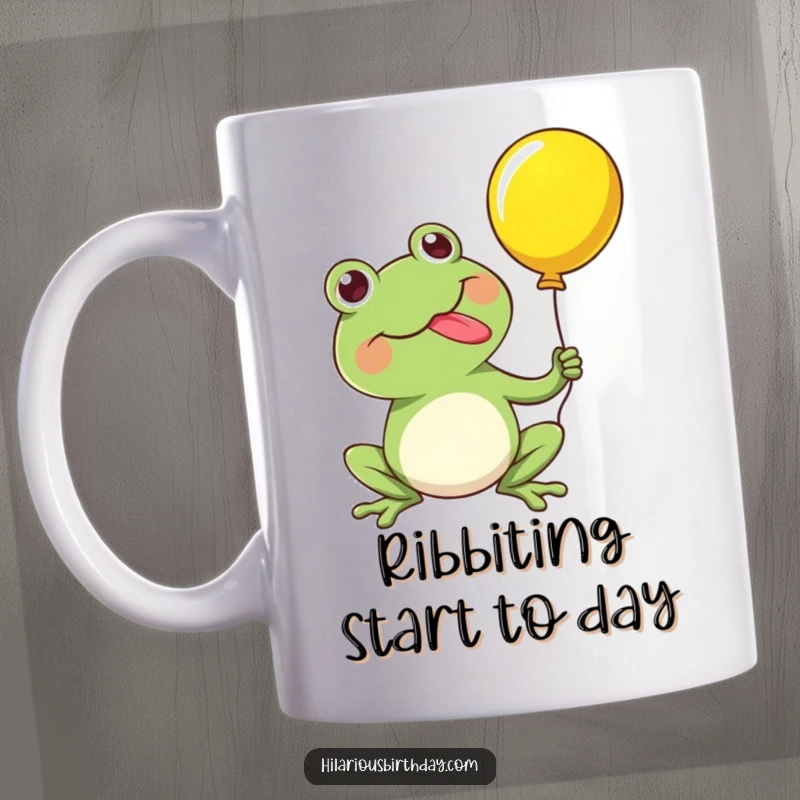 Funny mug with a kawaii frog character happily popping a balloon with its long tongue, capturing a moment of surprising and humorous celebration.