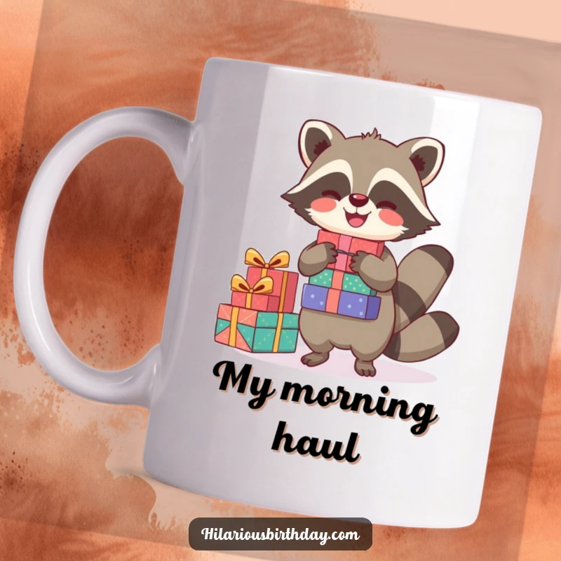 Funny mug showing a joyful raccoon character skillfully balancing a stack of colorful presents, embodying festive cheer.