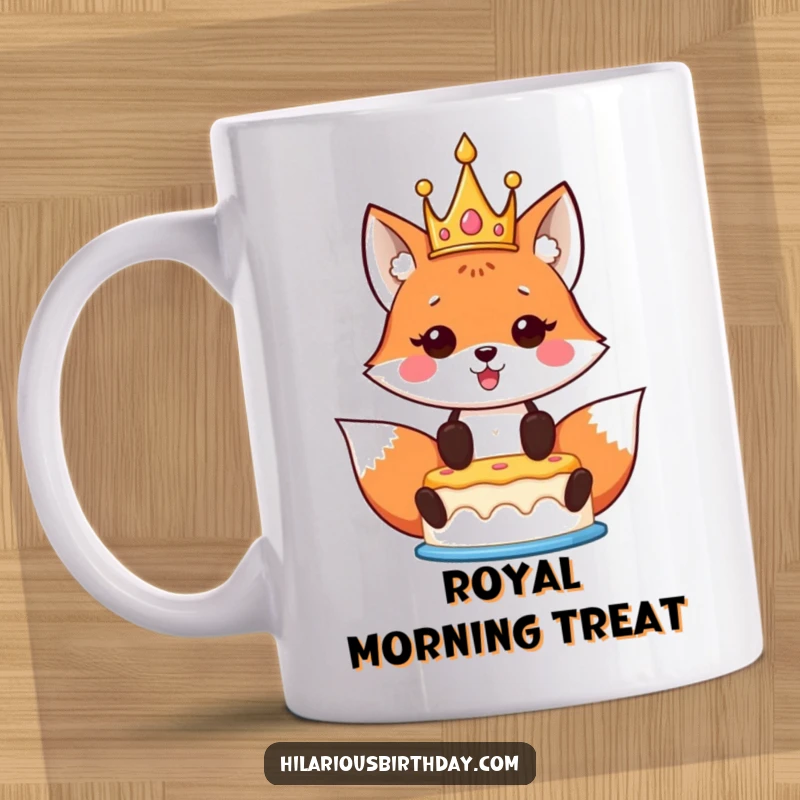 Funny Kawaii Fox Birthday Mug featuring a crowned kawaii fox proudly holding a birthday cake aloft, exuding festive joy and pride.