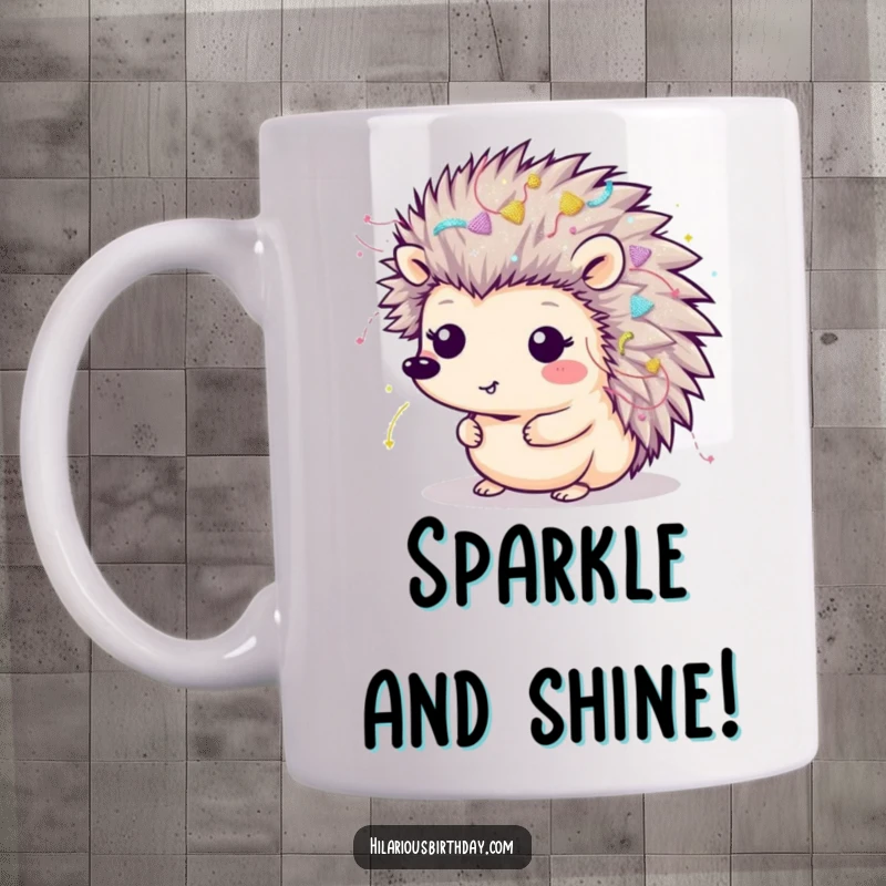 Funny Kawaii hedgehog covered in streamers and glitter, looking delighted, on a mug, perfect for a funny gift.