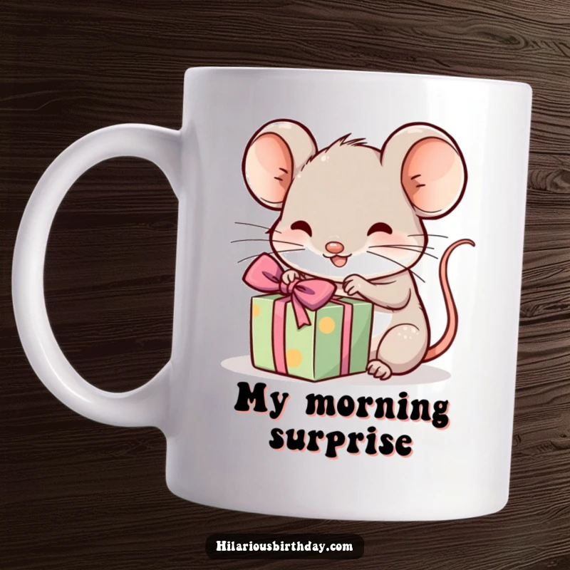 Funny kawaii mouse excitedly unwrapping a tiny, wrapped gift, a joyful mug, perfect funny gift for present lovers.