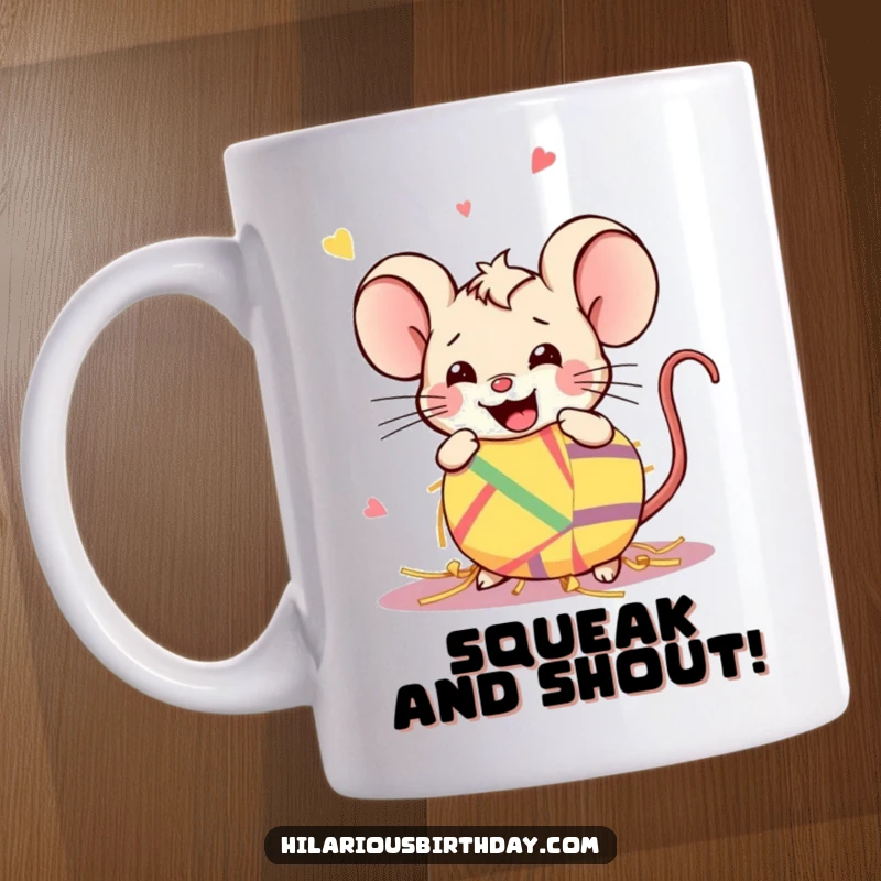 Funny Kawaii mouse gleefully smashing a colorful piñata, depicted on a mug, great for a funny gift.