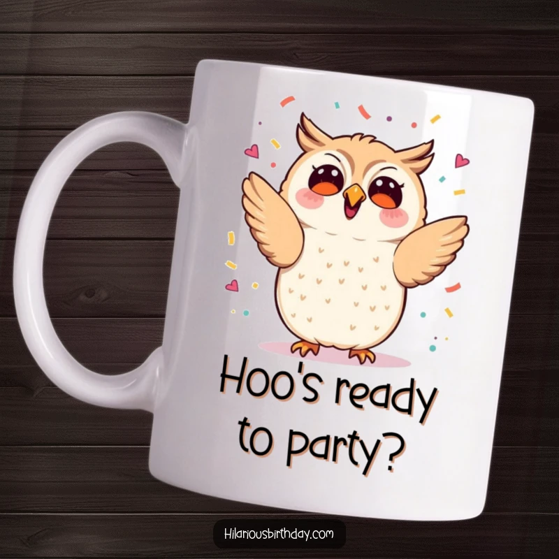 Funny kawaii owl enthusiastically tossing confetti, a festive and celebratory mug, perfect funny gift for party animals.