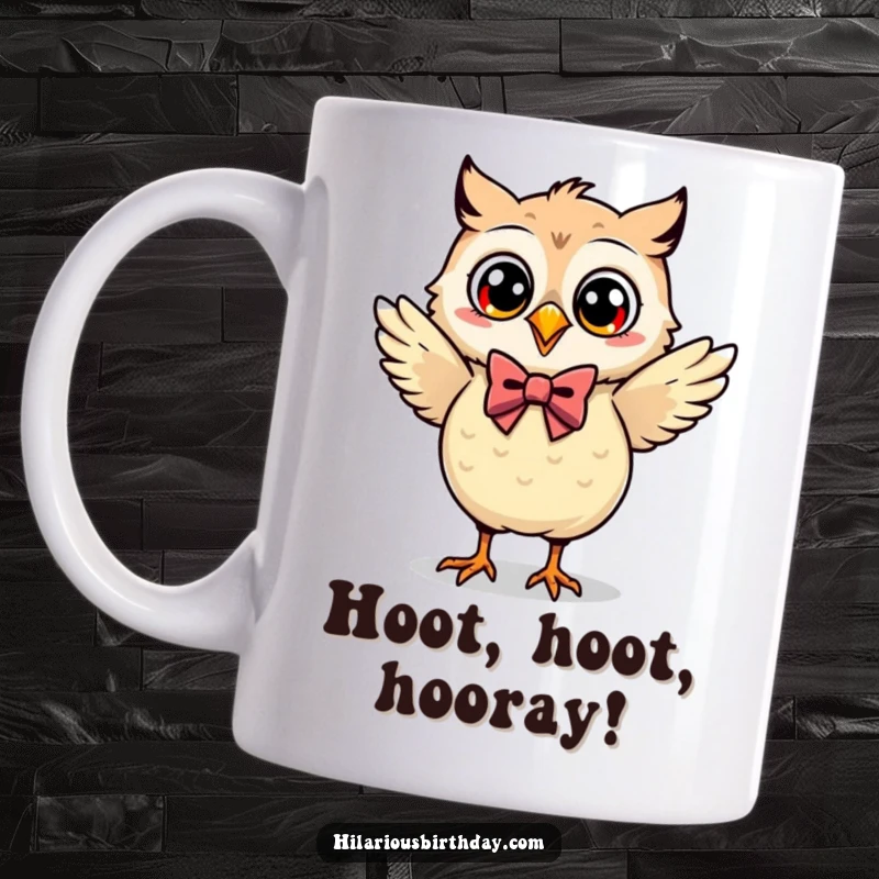 Funny Kawaii owl wearing a bow tie, joyfully dancing with a playful expression, perfect for a funny gift mug.