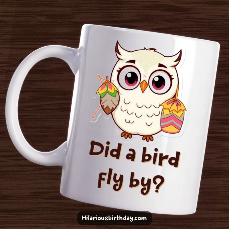 Funny Kawaii Owl Mug: A startled owl with huge eyes stares at a piñata, expressing pure, comical shock and surprise.