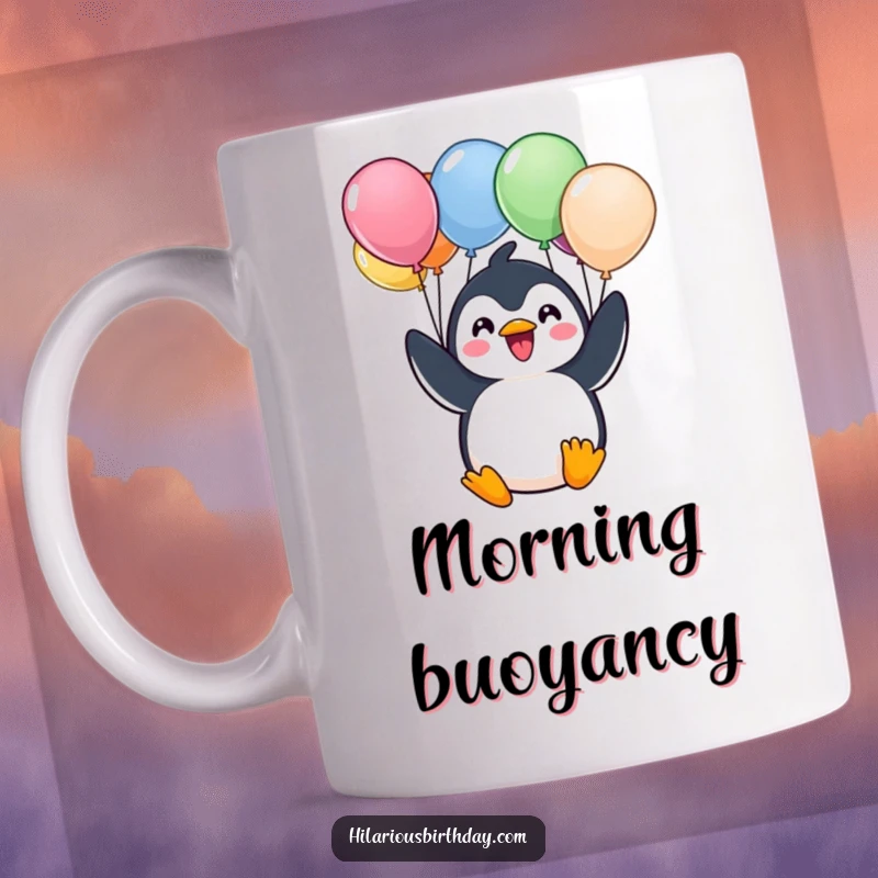 Funny mug featuring a cheerful Kawaii penguin character excitedly holding a bunch of colorful balloons, embodying pure happiness.