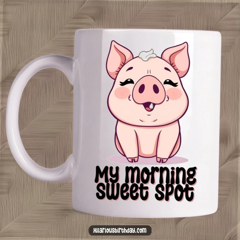 Funny kawaii pig gleefully smudging frosting on its nose, a sweet and messy mug, perfect funny gift.