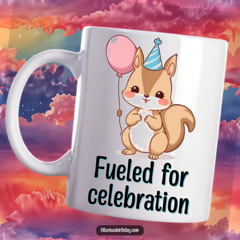 Funny kawaii squirrel wearing a party hat and holding a balloon, a festive mug, perfect funny gift.