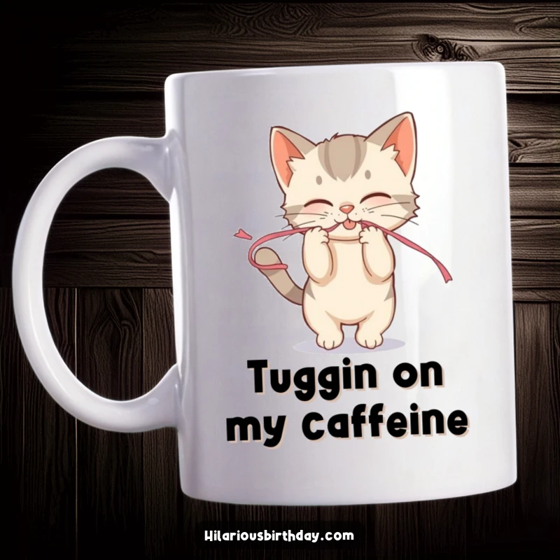 Funny mischievous kitten playfully tugging on a streamer on a mug, embodying playful chaos and fun.