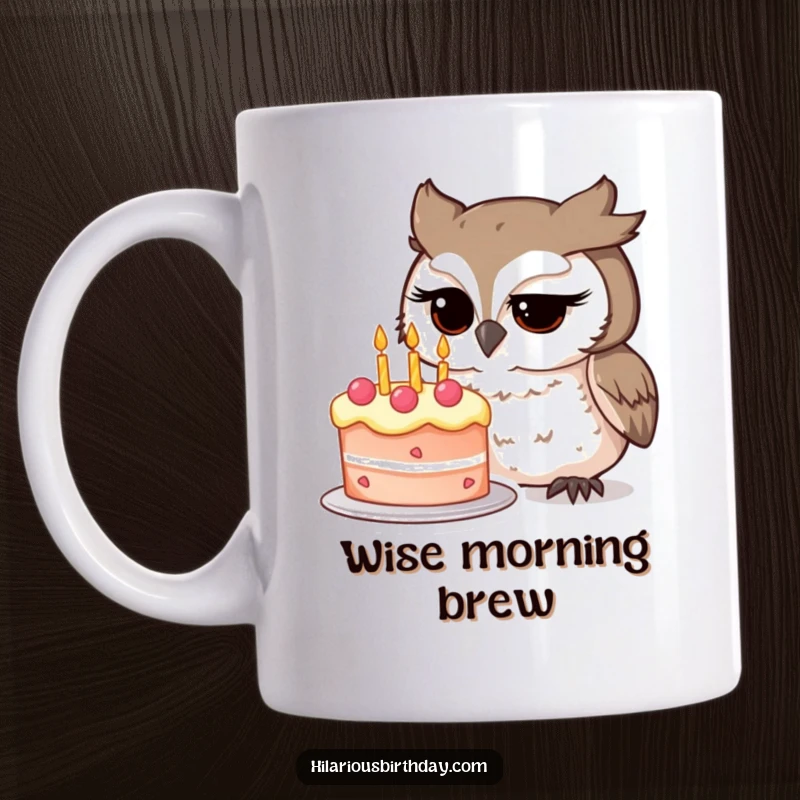 Funny owl character intently studying a whimsical, colorful birthday cake with wide eyes on this humorous mug, a perfect funny gift.