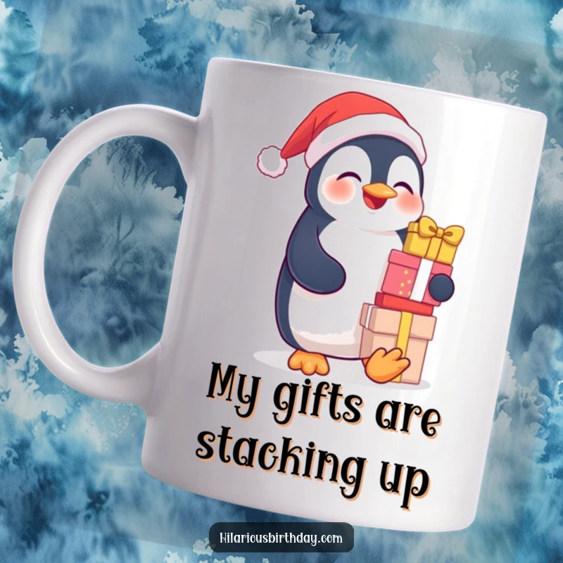 Funny mug featuring a giggling penguin comically balancing a tall stack of wrapped gifts with pure delight.