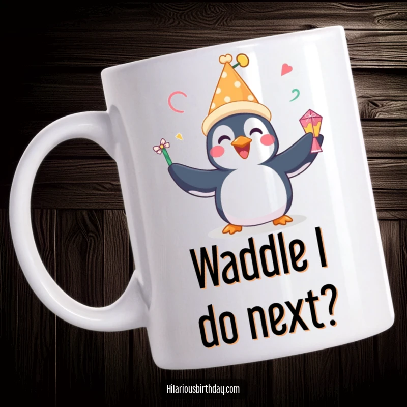 Funny mug with a happy penguin in a festive hat, gleefully juggling various party favors, radiating pure joy and fun.
