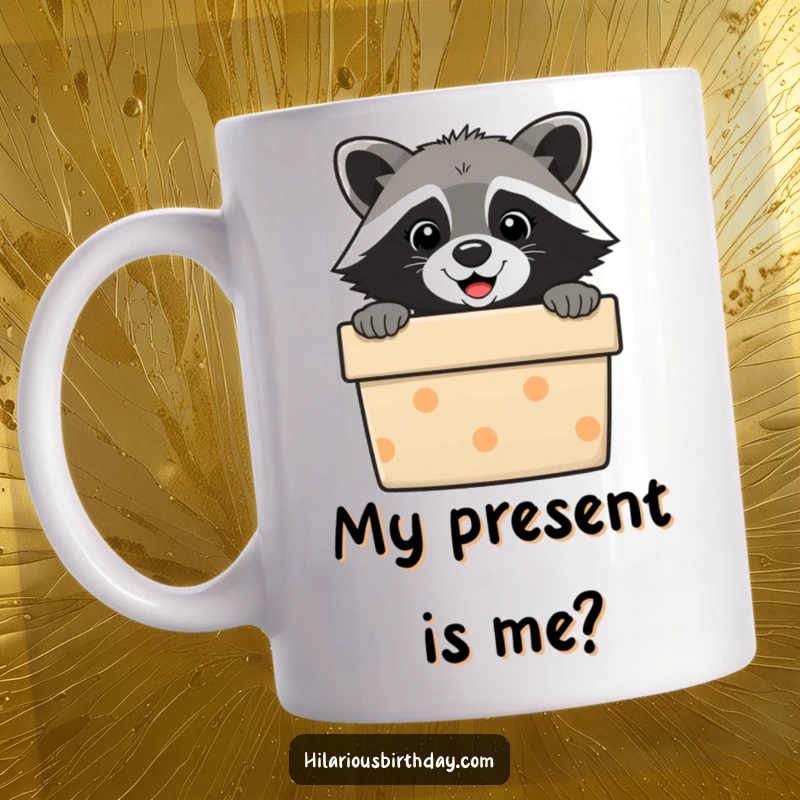Funny raccoon mug, peeking curiously from a colorful gift box. A delightful and humorous illustration for coffee lovers.