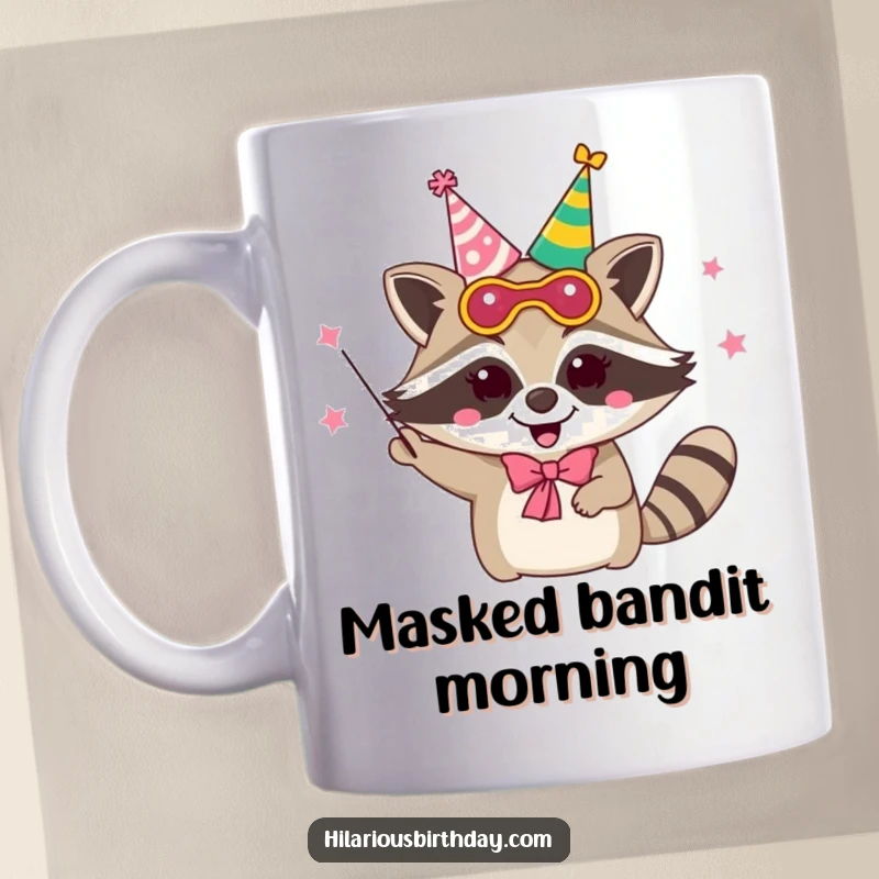 Funny delighted raccoon character wearing a party mask and juggling party hats on this mug.