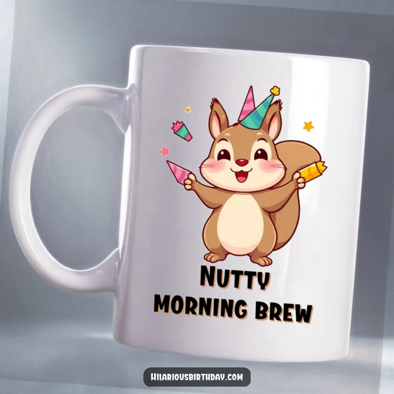 Funny mug featuring a kawaii squirrel character energetically juggling brightly colored party horns, embodying playful chaos and festive fun.